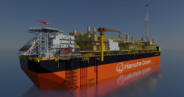 한화오션은 미국 선급 ABS와 프랑스 선급 BV로부터 '표준 FPSO Pre-FEED 설계'에 대한 개념 승인(AIP)을 획득했다. 한화오션이 개발한 표준 FPSO 조감도. /사진=한화오션